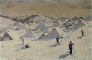 Velika planina met herdershutten en herders op ski